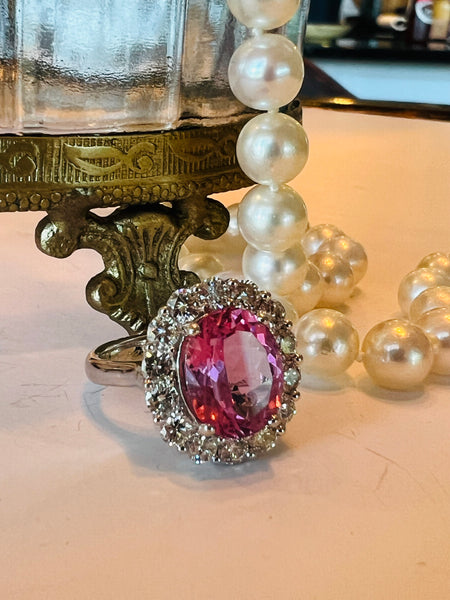 Ring. Oval Pink Tourmaline and Diamond Cluster Ring.